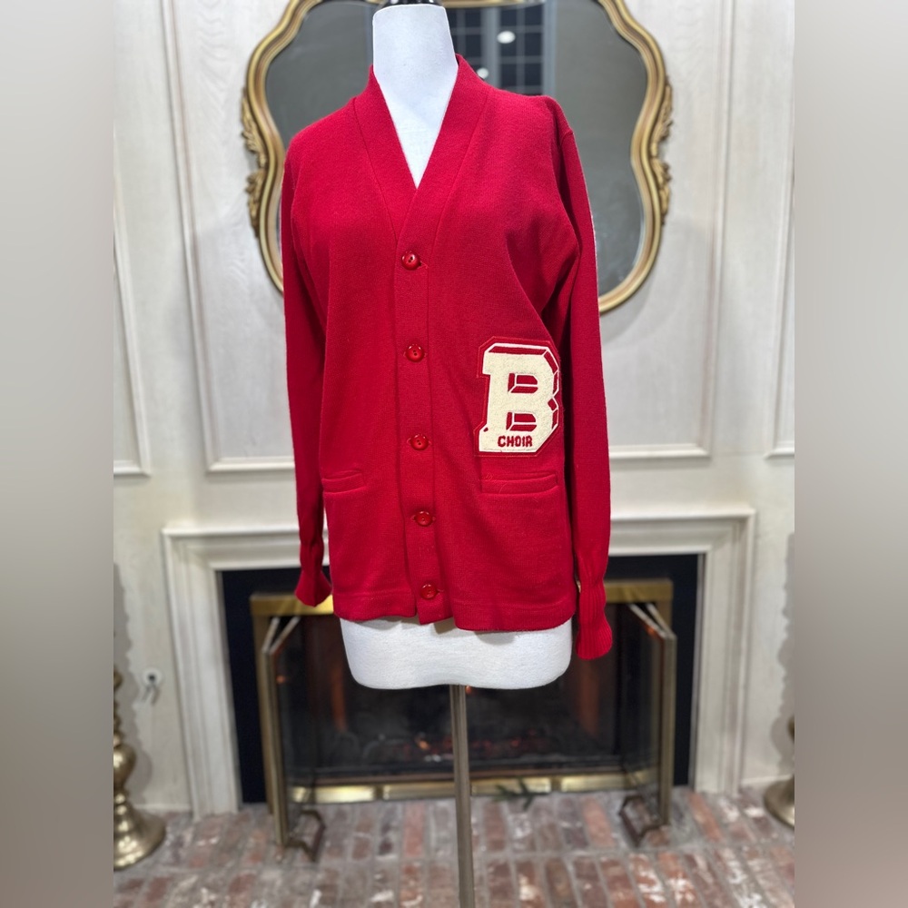 Dallas Knitting Co Red Varsity Cardigan Size 40 Vintage Choir Patch Retro Preppy